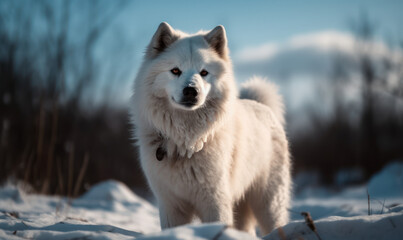 Obraz premium Arctic Guardian: Photo of Eskimo dog, majestically standing on a snowy landscape of the Arctic wilderness, with piercing eyes and a thick white coat. Generative AI