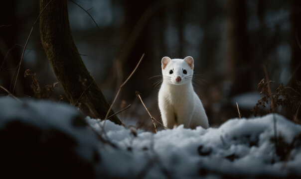 Ermine in the Wild: Photo of ermine, also called stoat, captured in midst of its hunt for prey in snowy woodland setting to accentuate striking white coat & piercing eyes of the stoat. Generative AI