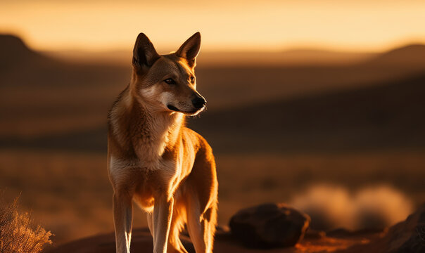 Dingo (warrigal) in sleek form in a quintessential Australian outback landscape basking in warm glow of setting sun. rugged terrain & sparse vegetation add depth & context to the scene. Generative AI