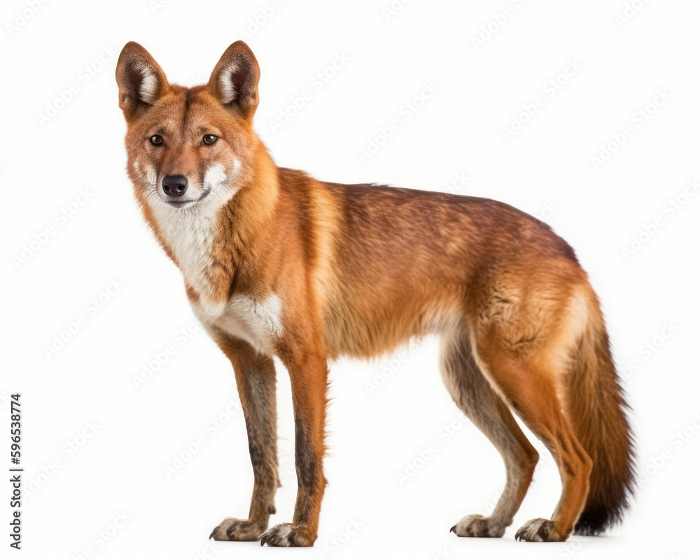 Wall mural photo of dhole (Cuon alpinus) visible in full figure isolated on white background. Generative AI