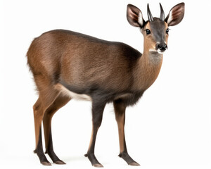 photo of duiker, know as forest-dwelling antelope  isolated on white background. Generative AI - obrazy, fototapety, plakaty