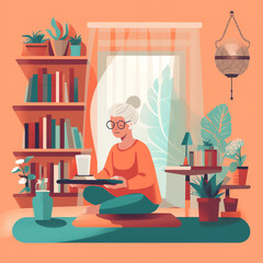 Retirement wellness: A retiree practicing self-care like yoga, meditation, or a spa day in a peaceful environment. Generative AI.