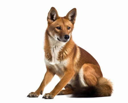photo of dhole (Cuon alpinus) visible in full figure isolated on white background. Generative AI