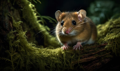 Dormouse Adventure: Discovering the Magic Within. Photo of dormouse, captured in vivid detail as it explores the cozy nooks and crannies of a moss-covered tree trunk. Generative AI