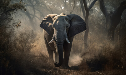 photo of elephant on forest path in its natural habitat. Generative AI