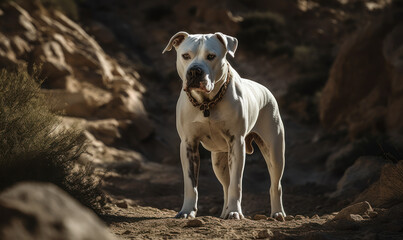 Obraz na płótnie Canvas Photo of Dogo Argentino, standing alertly amidst a rugged, rocky terrain, with a fierce determination in its eyes emphasizing every muscular detail of the breed's powerful physique. Generative AI