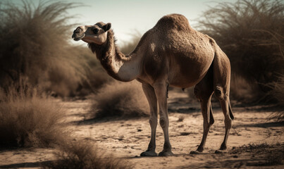 Photo of dromedary, known as Arabian riding camel, majestically standing in the vast and arid desert scene, its thick coat shimmering under the intense sun. Generative AI