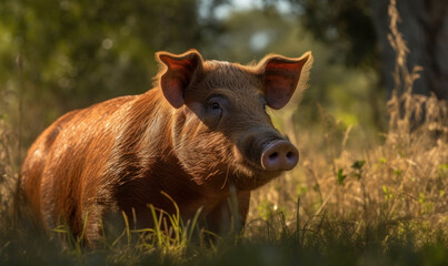 Photo of Duroc-Jersey, captured in a sun-drenched golden hour pasture, displaying its robust build and distinctive rust-colored coat. Generative AI