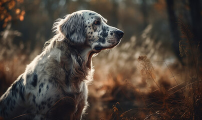 photo of English setter sitting on a forest path. Generative AI