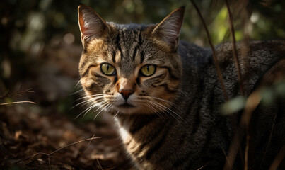 close up photo of domestic shorthair on blurry forest background. Generative AI