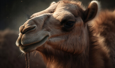 Fototapeta premium close up photo of dromedary, known as Arabian riding camel in its natural habitat. Generative AI
