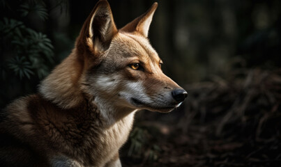 close up photo of dingo, also called warrigal on blurry forest background. Generative AI