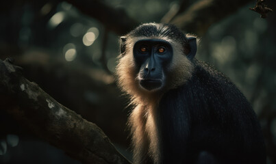 Obraz premium Diana monkey in its natural habitat, perched on a tree branch, gazing curiously at the camera with expressive eyes. The lush greenery of the jungle is softly blurred in the background. Generative AI