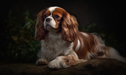 Naklejka premium photo of English toy spaniel on dark background. Generative AI