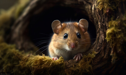 Dormouse Adventure: Discovering the Magic Within. Photo of dormouse, captured in vivid detail as it explores the cozy nooks and crannies of a moss-covered tree trunk. Generative AI