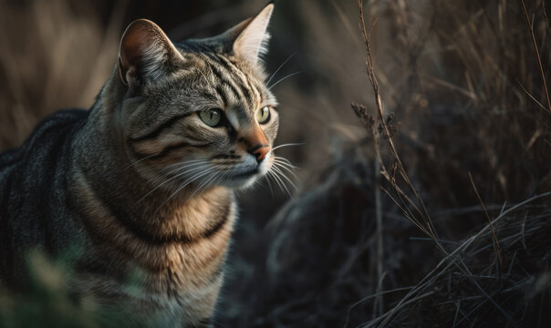 photo of domestic shorthair in tall grass. Generative AI