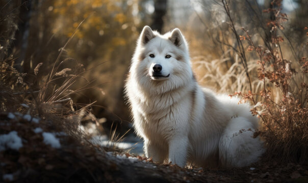 sunset photo of Eskimo dog in its natural habitat. Generative AI