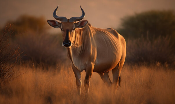 Wild Africa: Photo of eland (genus Taurotragus), majestically standing amidst the vast savannah grasslands of Africa, illuminated by the golden light of the setting sun. Generative AI