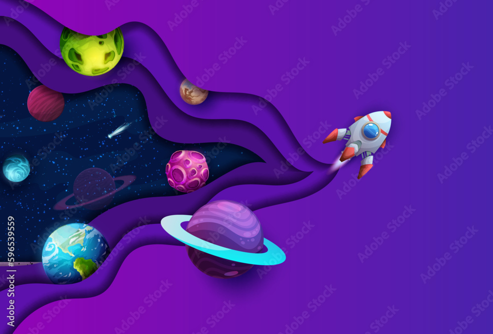 Poster space paper cut flying rocket in starry galaxy with cartoon planets, comets and 3d layered origami b