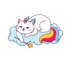 Cartoon caticorn character with magic wand on cloud. Vector adorable cat, kitty or kitten personage with rainbow tail, unicorn horn and angel wings. Cute caticorn emoticon, kawaii cat pet animal