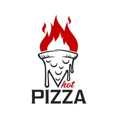 Pizza icon, street food symbol. Takeaway cafe menu icon, Italian cuisine bakery delivery service or pizzeria restaurant dish vector symbol or emblem with fire flames, pizza piece, melting cheese