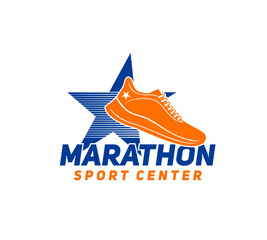 Running sport icon. Marathon running championship, athletic competition or fitness race vector emblem. Jogging club, sport footwear shop icon or sign with running sneakers shoe