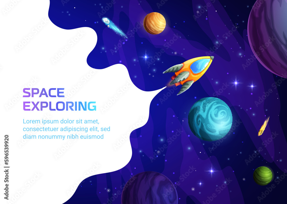 Poster Space landing page, space rocket in galaxy with planets and stars vector background of business startup website template. Space exploring web banner or astronomy science project launch landing page