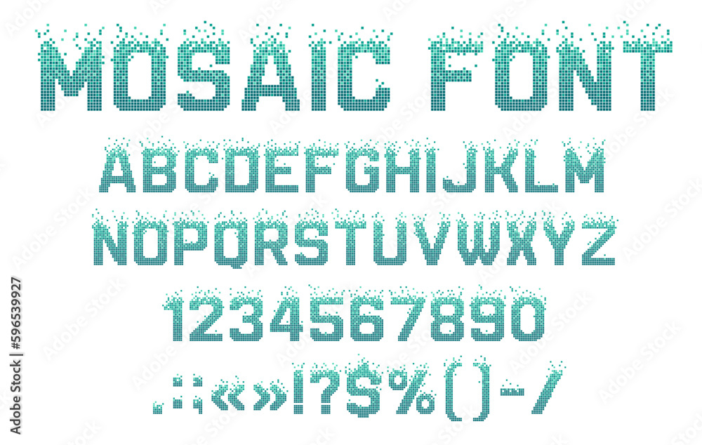 Fototapete mosaic pixel font, fission typeface, halftone type, pool alphabet. vector letters and numbers with p