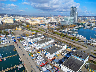 Aerial view landscape Poland Gdynia. View of city , buildings, harbor, coast. Photo from a drone.