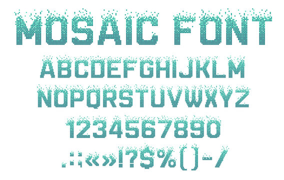 Mosaic pixel font, fission typeface, halftone type, pool alphabet. Vector letters and numbers with pattern of blue square tiles or swimming pool floor mosaic. Retro video game, digital typography abc