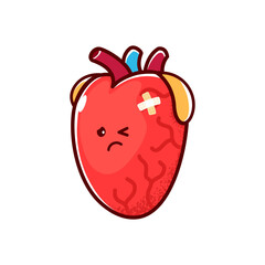 Cartoon unhappy sick heart character or unhealthy human organ, vector icon. Heart disease, cardiovascular health and cardiac medicine sick heart with pain or attack and patch on sad face