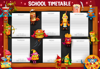 Naklejka premium Timetable schedule. Fast food characters. School lesson week timetable, education classes vector daily schedule or planner with soda, hotdog, pizza and ice cream, popcorn, hamburger meals personages