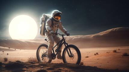 Fototapeta na wymiar An astronaut riding a bicycle on mars. Generative AI