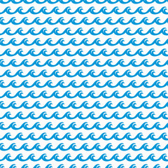 Ocean water blue waves seamless pattern. Summer and nautical swirly fabric print or textile vector background. Wrapping paper or wallpaper marine backdrop with sea water curly waves