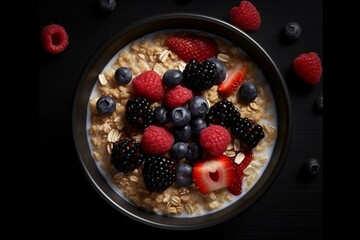 Illustrated oatmeal with mixed berries. Generative AI