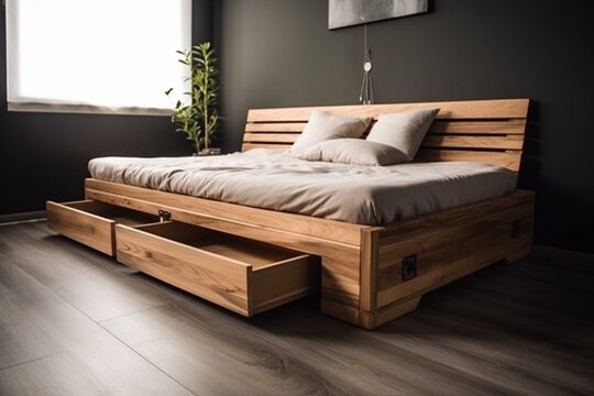 Spacious wooden futon with ample storage. Ideal for a bedroom. Generative AI