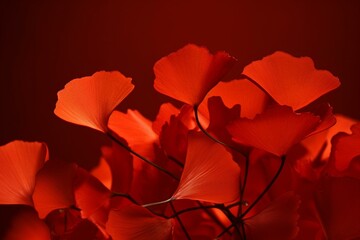 Glowing ginkgo leaves on red backdrop. Ideal for Valentine's Day design. Generative AI