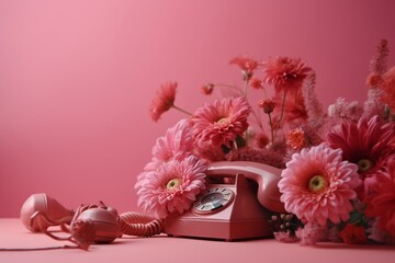 Artistic depiction of flower and telephone whispering on pink background. Generative AI