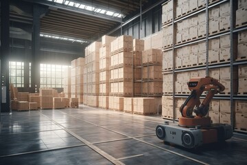Smart warehouse with palletizing robot arranging cartons onto AGV. 3D illustration. Generative AI