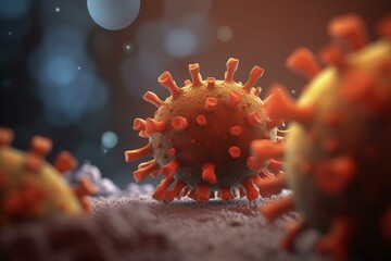 3D rendering of coronaviruses, including MERS virus causing Middle-East respiratory syndrome. Generative AI