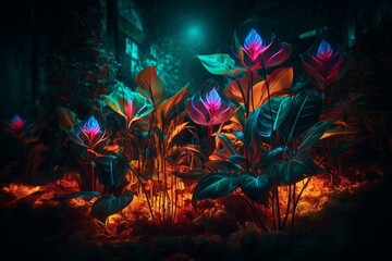 Fototapeta na wymiar Illustration of exotic vegetation with multicolored neon lamps. Generative AI