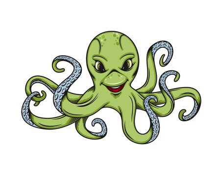 Cartoon octopus, cute sea water animal character. Vector green octopus with happy smiling face, tentacles and blue suckers. Funny personage of marine monster, zoo aquarium, ocean wildlife themes