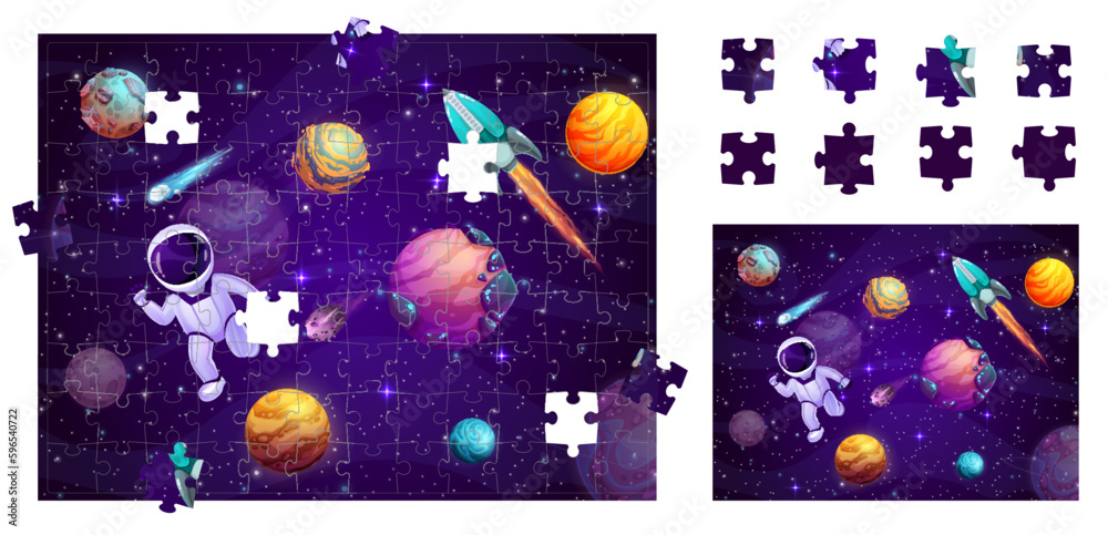 Poster Jigsaw puzzle space game pieces. Cartoon planets, astronaut and rocket in outer space. Vector riddle complete image with cosmonaut float in galaxy and fell out parts educational worksheet for children