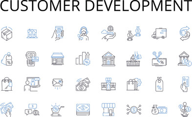 Customer Development line icons collection. Sales Growth, Team Building, Product Innovation, Branding Strategy, Marketing Research, Market Segmentation, Customer Retention vector and Generative AI