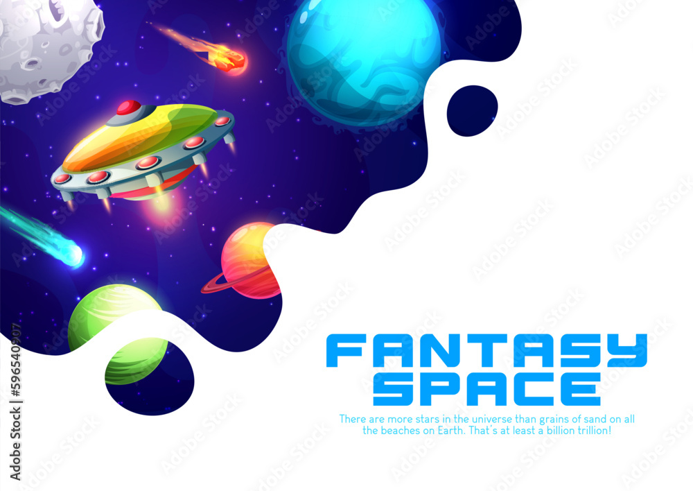 Poster ufo in starry galaxy. space landing page vector template of astronomy science project or business co