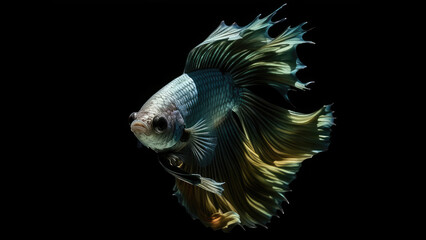 Beautiful siamese betta fish, fighting siamese fish with green blue red orange gold black colours , underwater photography isolated on black background, Generative AI