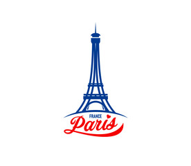 Paris Eiffel tower simple emblem. Europe famous architecture, french city Eiffel tower or France historic landmark vector icon. Paris romantic journey monument emblem or sign