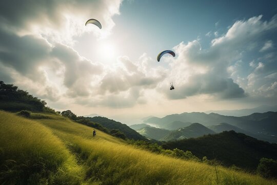 Paragliders silhouette over green landscape and blue sky with clouds. Generative AI