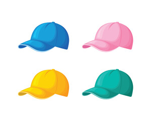 Baseball caps set. Blue yellow and pink beanie. Cartoon-style baseball caps. Headdress. Vector illustration isolated on a white background - obrazy, fototapety, plakaty