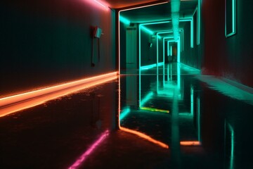 Fototapeta na wymiar Shimmering neon light reflects off smooth concrete. Generative AI